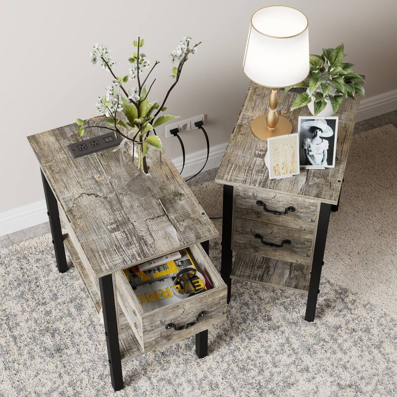 End Table with Charging Station, Narrow Chairside Table with Drawers & USB Ports & Power Outlets, Nightstand for Small Spaces