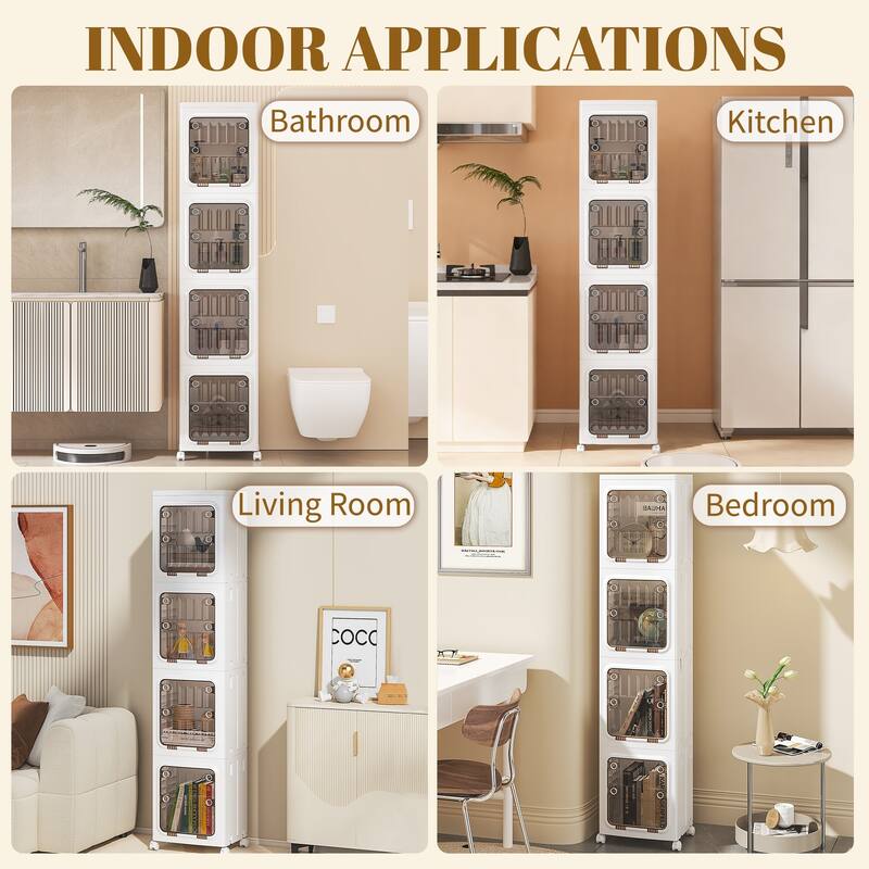 VECELO White 3-Tier & 4-Tier Narrow Storage Bins Foldable Stackable ABS Organizer Bins with Wheels for Bathroom Living Room