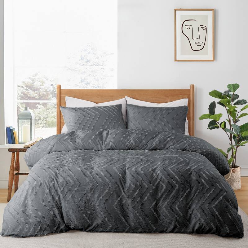 Lightweight Clipped Duvet Cover Set Geometric Solid Color - Dark Grey - Twin