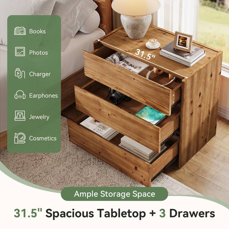 Solid Wood Nightstand, 31.5-Inch Wide Farmhouse Night Stand