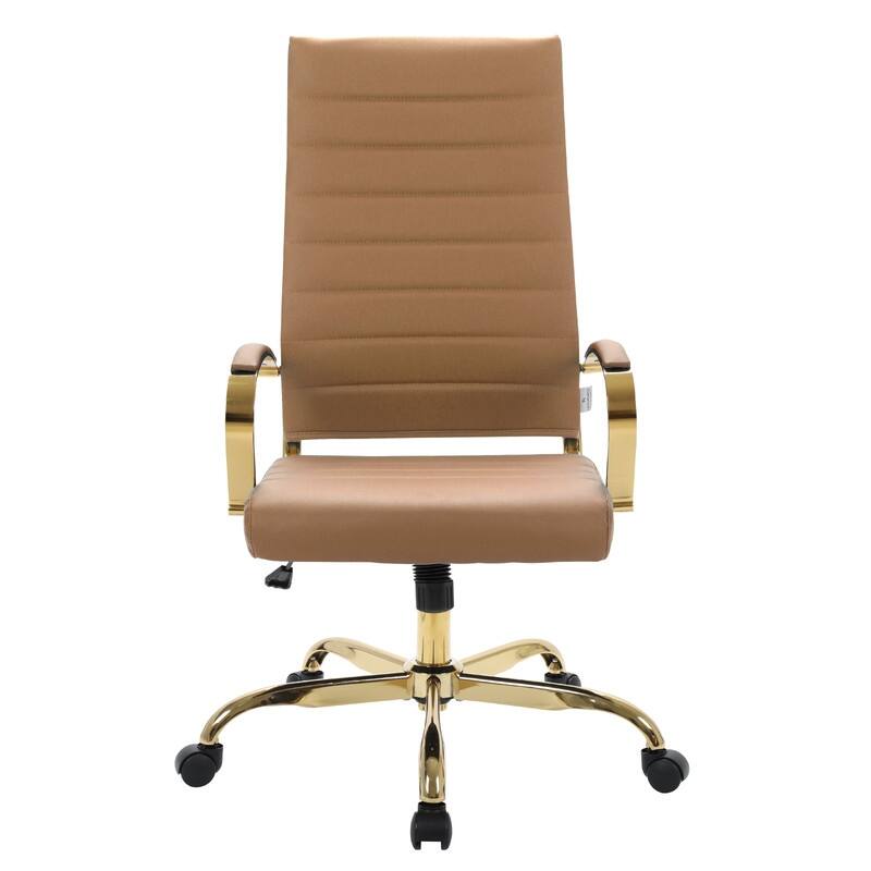 Benmar High-Back Leather Office Desk Chair in Brushed Gold Steel Frame Cushion Padded Armrests Tilt Lock Swivel Ergonomic Chair