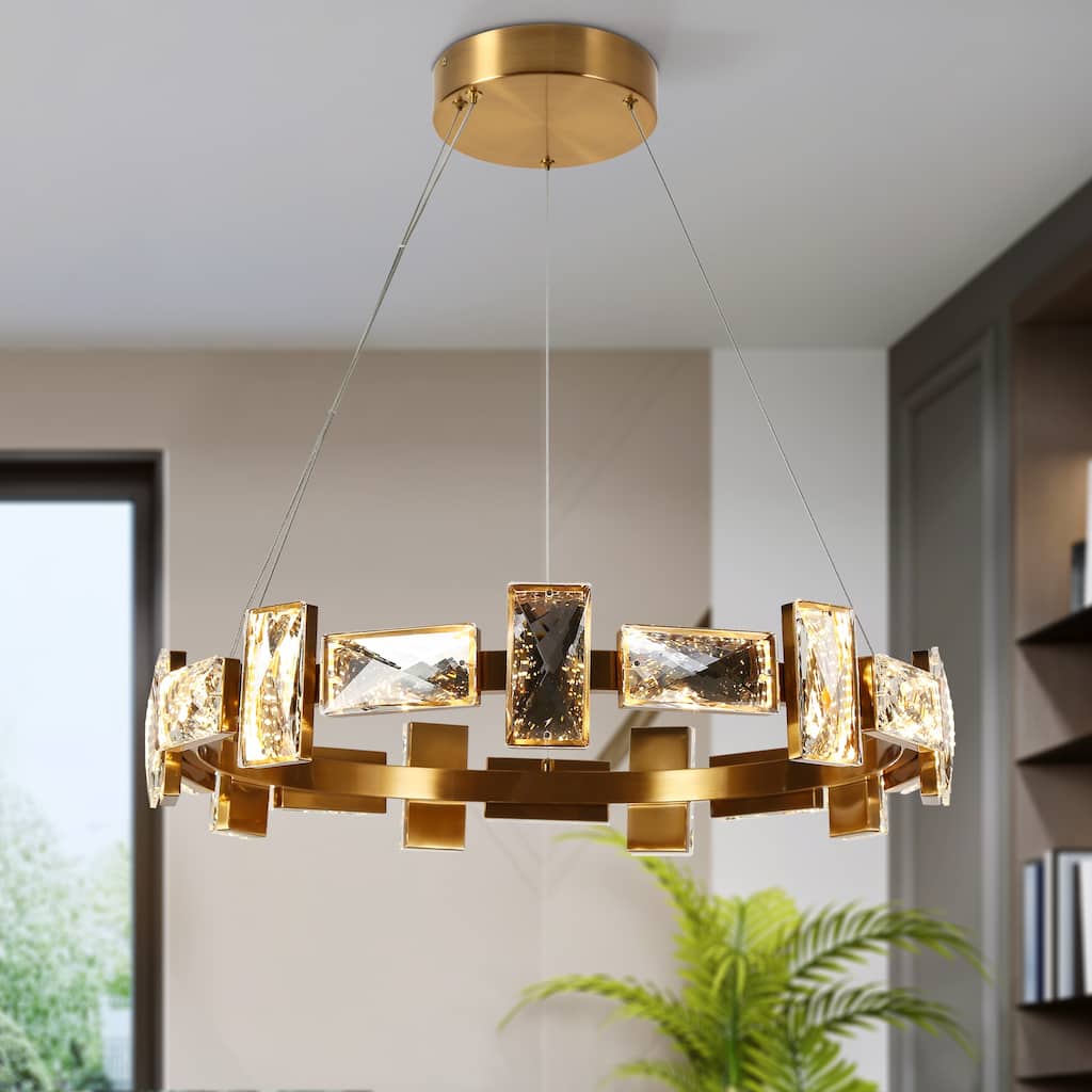 Modern 1-Light LED Crystal Drum Chandelier Glam Gold Ceiling Lights for Dining Room - D 26" x H 65.7" Max