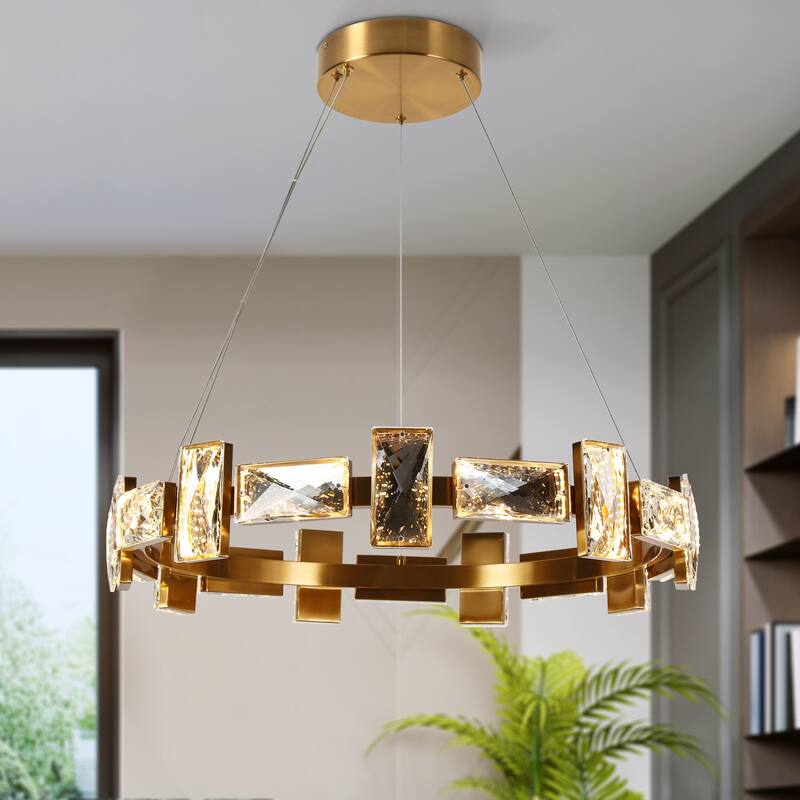 Modern 1-Light LED Crystal Drum Chandelier Glam Gold Ceiling Lights for Dining Room - D 26" x H 65.7" Max