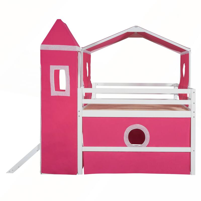 Full Size Loft Bed with Slide Pink Tent and Tower