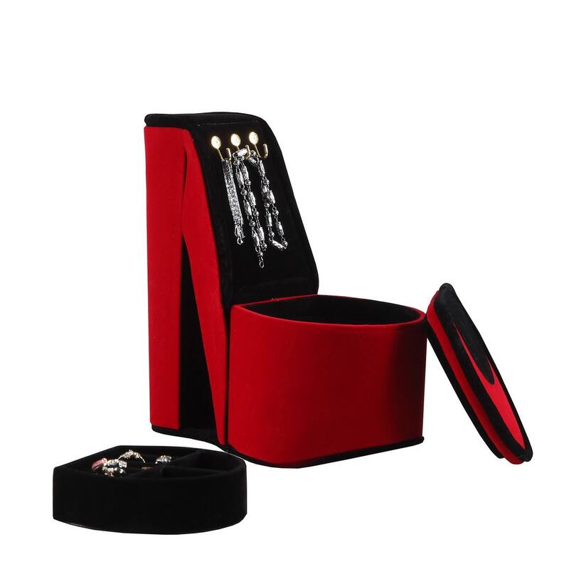 9" Tall Display Jewelry Box with Hooks, High Heel Shoe Design, Red Velvet - Red