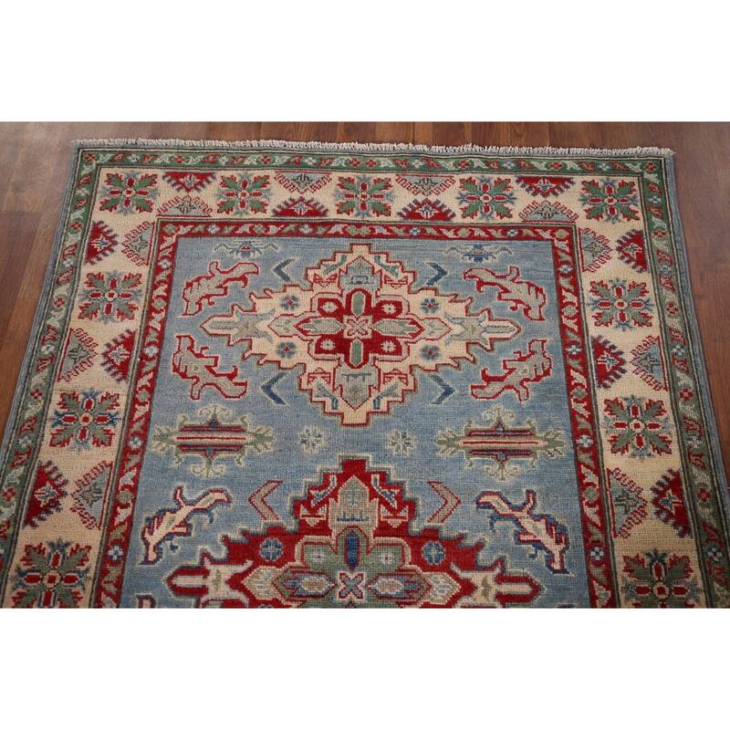 Light Blue Kazak Oriental Foyer Rug Handmade Wool Carpet - 4'1" x 5'11"
