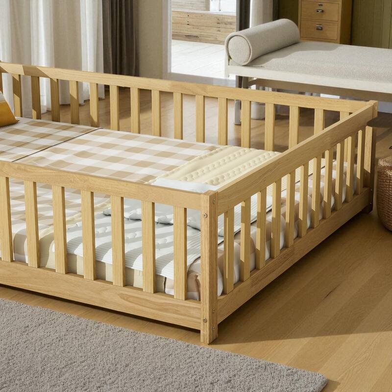 Full Size Rubber Wood Floor Bed with Fence, Door and Safety Guardrails for Kids
