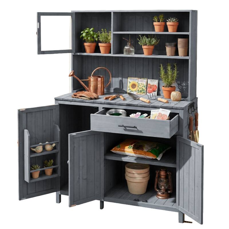 65" Solid Fir Wood Potting Bench with Hutch, Garden Workstation Table with Drawer, Spice Rack & Shelves