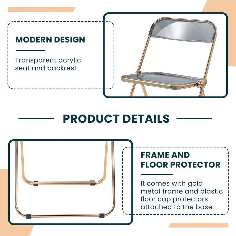 Lawrence Modern Foldable Transparent Acrylic Folding Dining Chair with Accent Gold Chrome Frame for Home Living and Dining Room