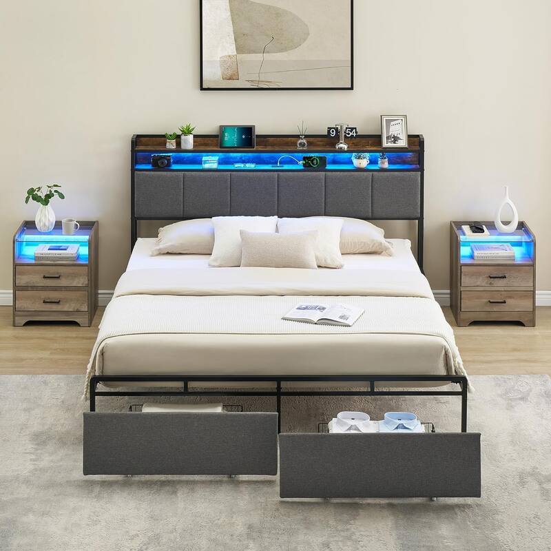 Bed Frame with Headboard and Storage Drawers
