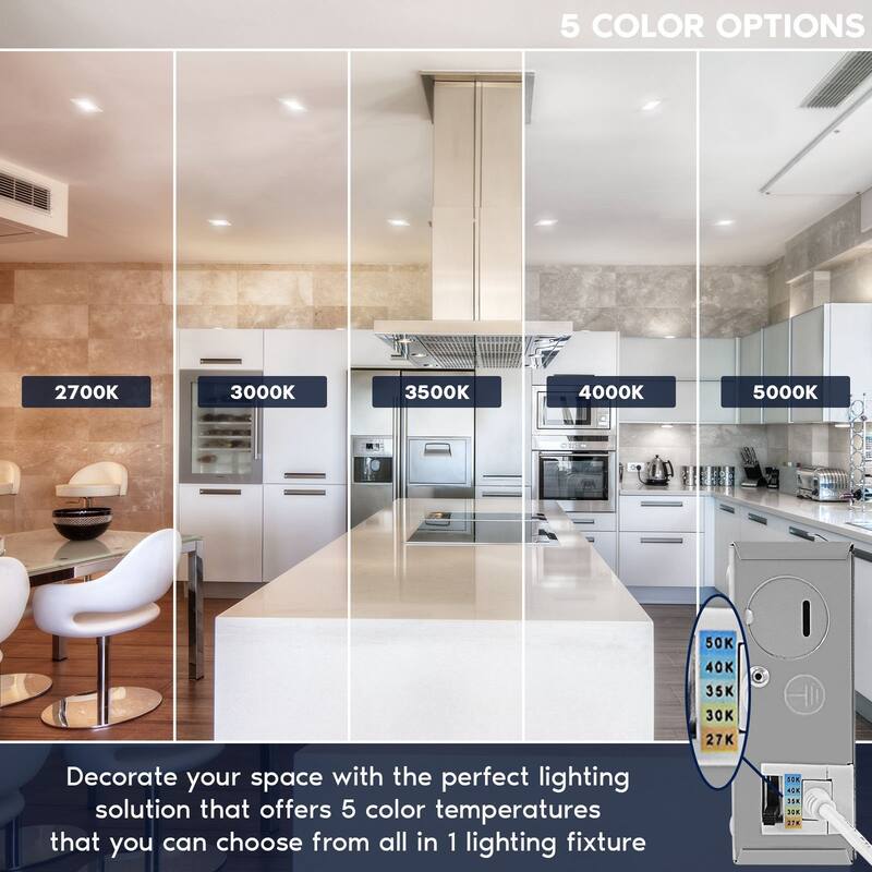 Luxrite 4" Square LED Recessed Ceiling Light J-Box 15W 5 Color Selectable 1300LM Dimmable Wet Rated ETL 6 Pack - 6 Pack