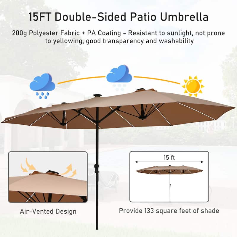 15ft Double-Sided Patio Umbrella with Lights Large Outdoor Umbrella