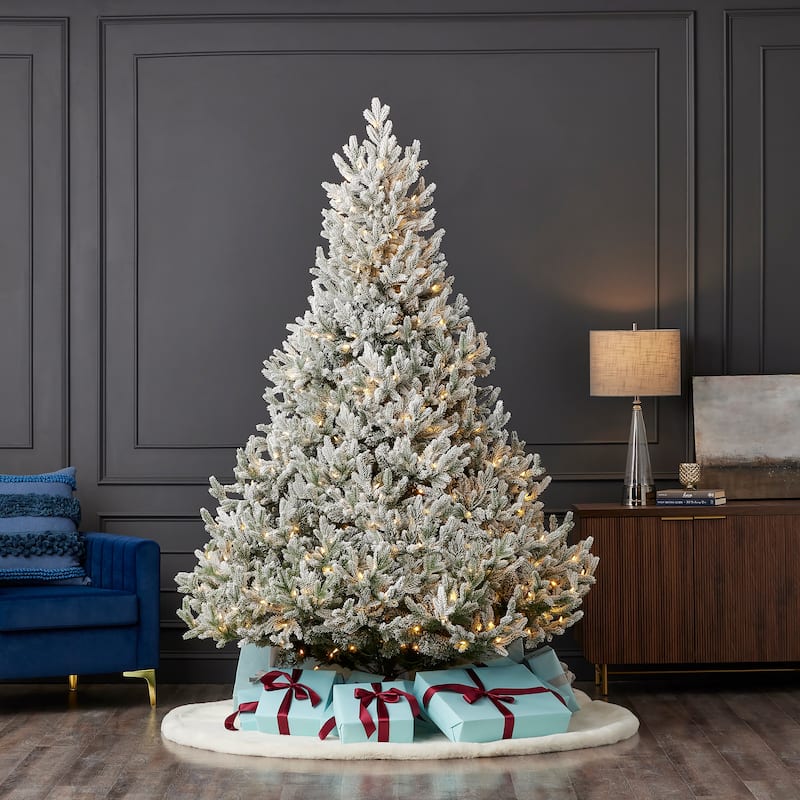Royal Oaks Flocked Fir Tree 7.5ft, Pre-Lit 690 Warm White LED Lights, 1816 PE/PVC Tips