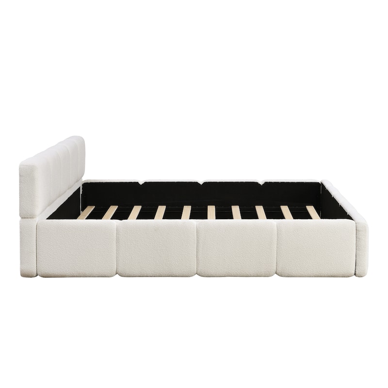 White Block Upholstered Frame Grounded Bed with Boucle Thick Headboard Footboard Platform Bed, Lowprofile Wingback Bed Floor Bed