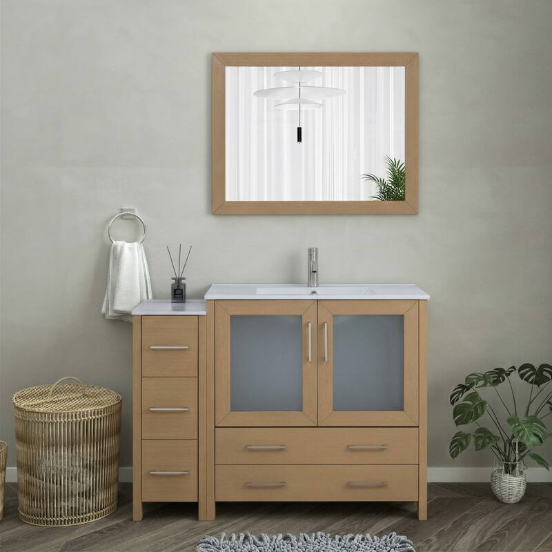 Vanity Art 48-Inch Single Sink Bathroom Vanity Set 5 Dove-Tailed Drawers 2 Cabinets 1 Shelf Soft-Closing Doors with Free Mirror - Natural Oak