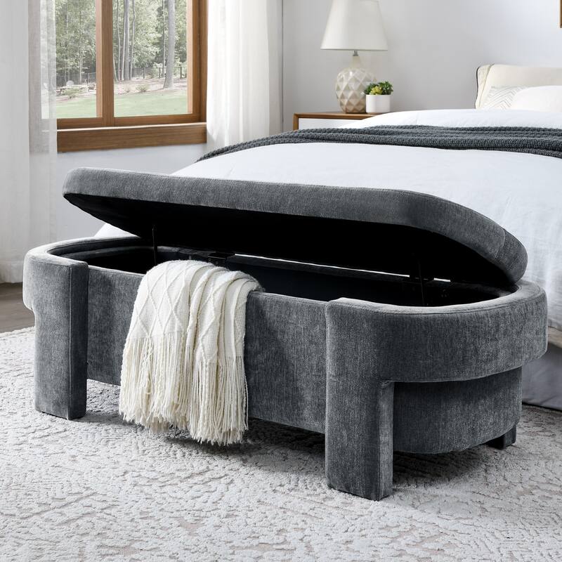 Oval Storage Bench End of Bed Storage Ottoman Benches Linen Fabric Upholstered Ottoman Bench w/ Large Storage Space for Bedroom