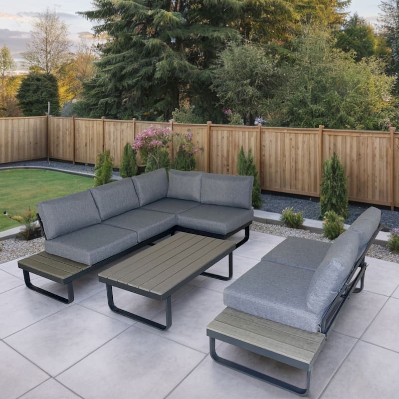 Outdoor L-Shape Metal Sectional Sofa Set With Gray Cushion For Lawn Garden Porch By Tappio - Grey