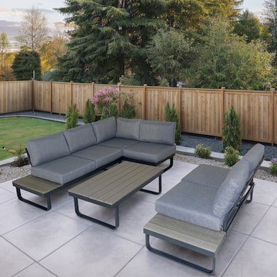 Outdoor L-Shape Metal Sectional Sofa Set With Gray Cushion For Lawn Garden Porch By Tappio