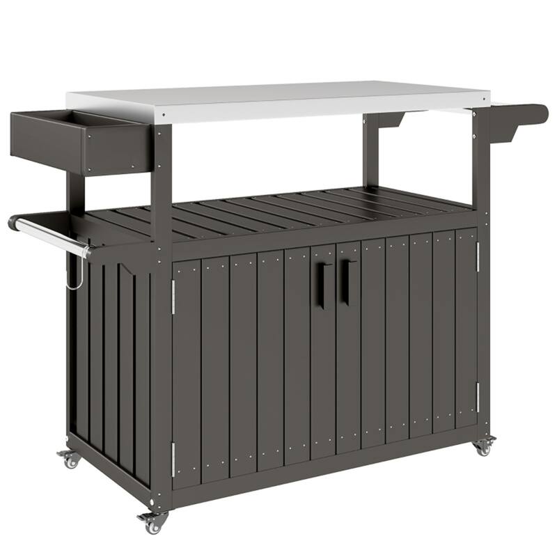 Stainless Steel and HDPE Outdoor Bar Cart with Cabinet, Hooks, and Swivel Casters Mobile Serving Table - Grey