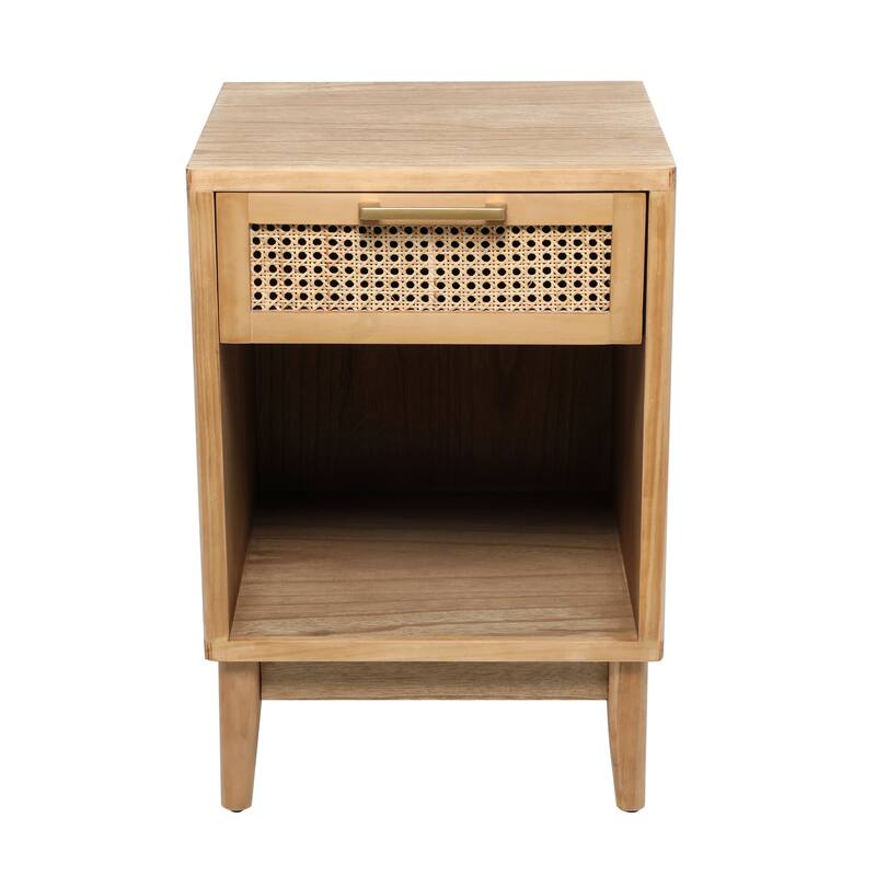 Wood 1 Drawer and 1 Cubby Shelf Accent Table with Beige Rattan Drawer and Gold Handle - Light Brown or Black - Roche River Decor
