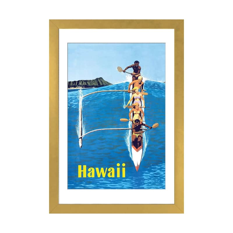 iCanvas "Waikiki Beach Hawaiian Vintage Travel Poster" by Piddix - Gold - 32x24x1