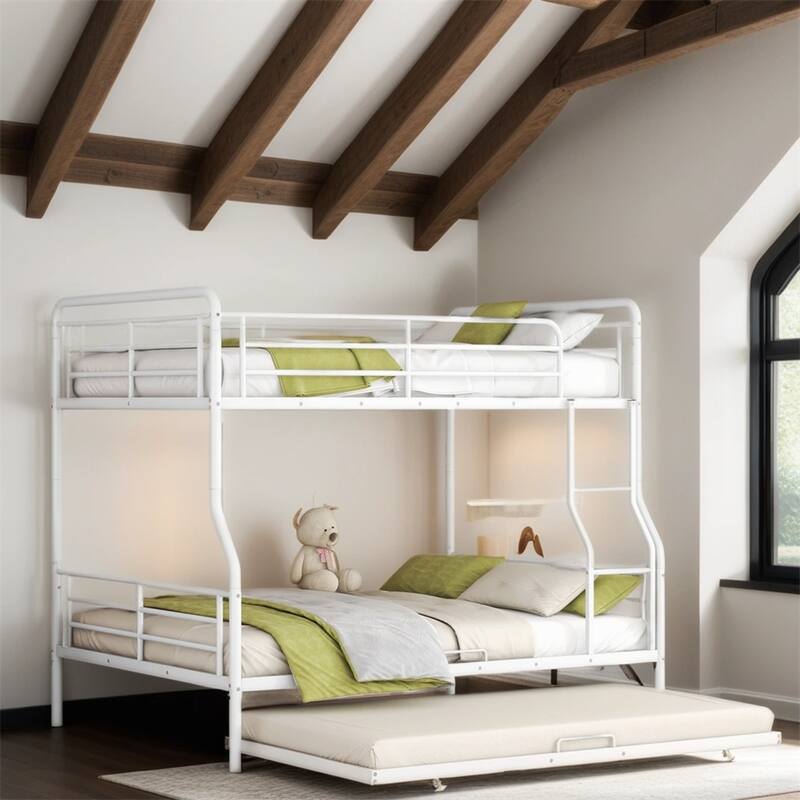 Modern Full XL Over Queen Metal Bunk Bed with Twin Size Trundle