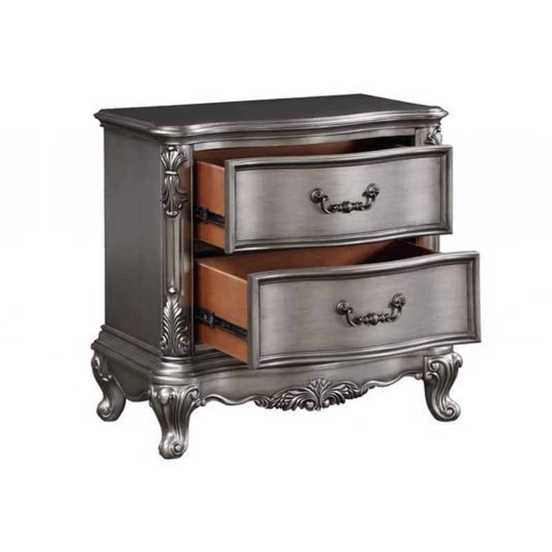 Wooden Nightstand with 2 Drawers in Antique Platinum Finish