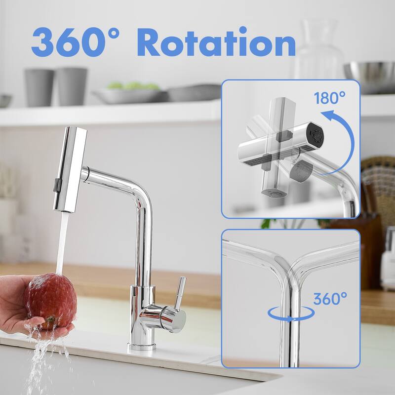 Modern Chrome Single Handle Kitchen Faucet with Pull Out Sprayer, 3 Function Water Outlet