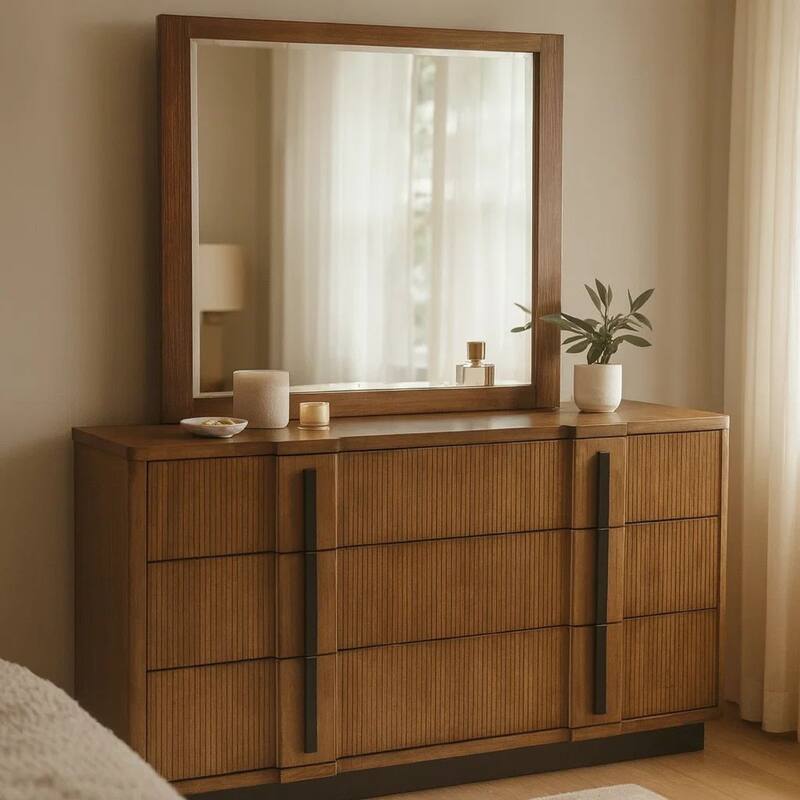 Reon Wide Dresser with Mirror, 6 Drawers, Vertical Fluting, Brown Wood
