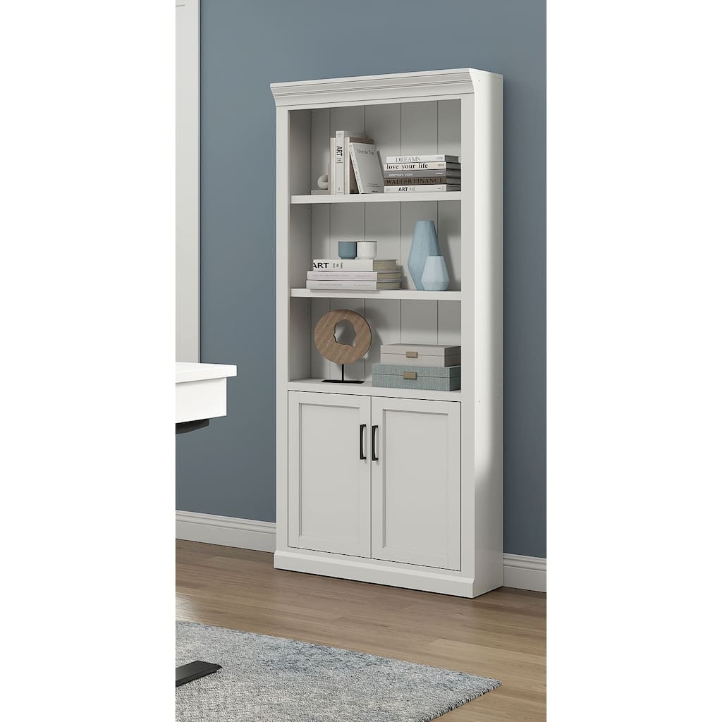 Modern Wood Lower Doors Bookcase, Office Bookcase, Office Shelving, Office Storage, Fully Assembled, White