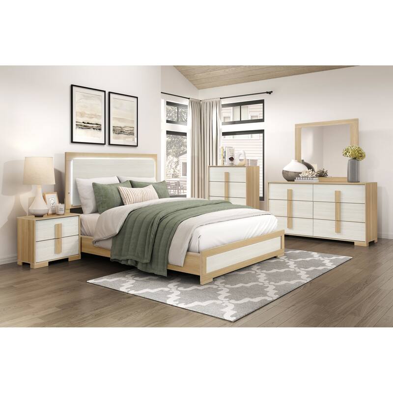 Twin Size Bed with LED Illuminated Panel Headboard, Natural and White Two-Tone Finish, Wooden Frame with Footboard and Rails