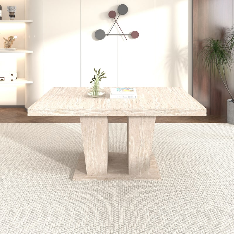 Extendable Dining Table Meeting Table, Wood Kitchen Table for 6-10, Large Office Table with Veined Travertine Pattern
