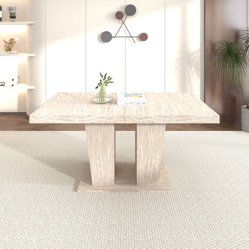 Rectangular Extendable Dining Table, Suitable for 6-10 People, with Veined Travertine Pattern, Dimensions 160-200 cm - Beige