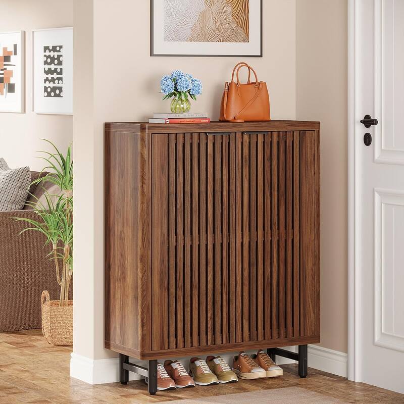 6-Tier Shoe Cabinet with Shutter Doors Adjustable Shelves Wooden Storage Cabinet for Entryway/Hallway/Closet/Living Room - Brown