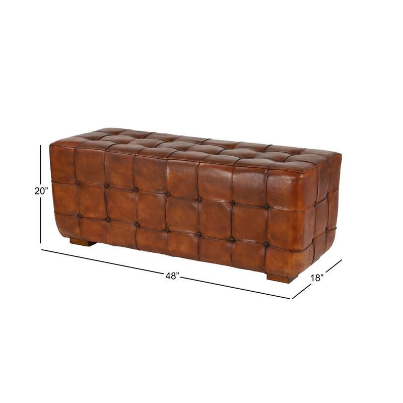 Brown Leather Tufted Upholstered Home Bench with Block Feet