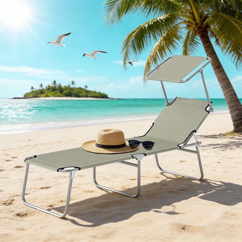 Outsunny Outdoor Lounge Chair, Adjustable Folding Chaise Lounge, Tanning Chair with Sun Shade for Beach, Camping, Hiking