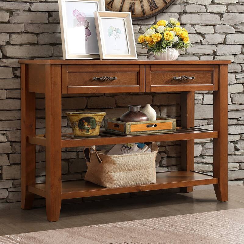 3-Tier Console Table for Entryway, 42.01 Inch Solid Wood Entryway Table with Drawers and 2 Storage Shelves, Pine Accent Table - Walnut
