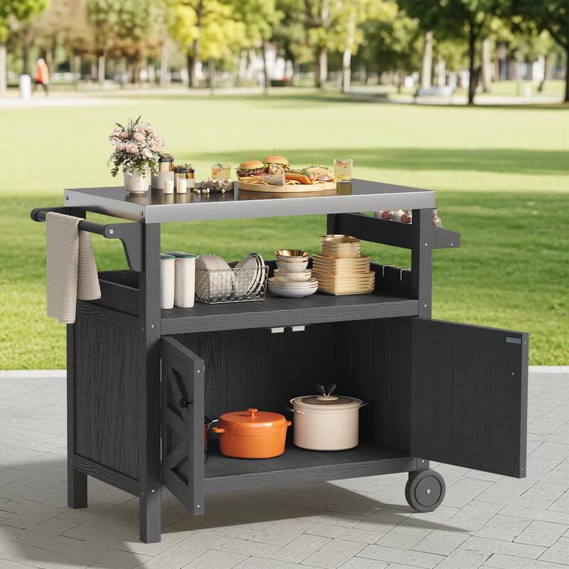 Outdoor Kitchen Cart with Stainless Steel Top, HDPE Patio Serving Cart with Storage