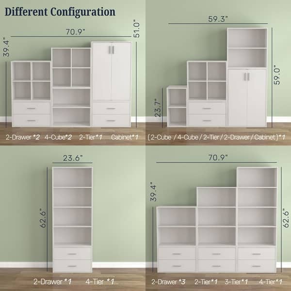 dimension image slide 0 of 5, DH BASIC Modern Wood Customizable Stackable Storage Organizer - Cube Shelves, Drawer Cabinet, Bookcase with Doors by Denhour