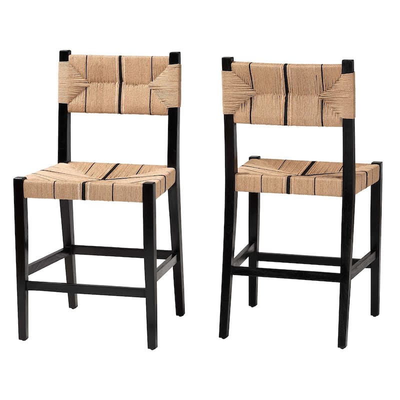 Prita Bohemian Paper Loom and Mahogany Wood 2-Piece Counter Stool Set - Black