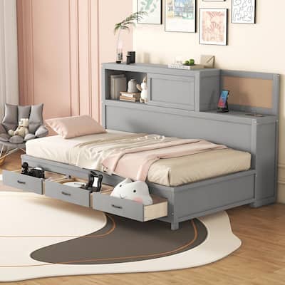 Gray Twin Size Wooden Daybed with Three Storage Drawers, Soft Board, and USB Ports