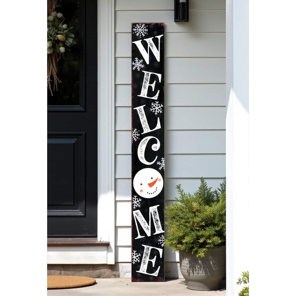 HomeRoots 72" Black And White Solid Wood Welcome Snowman Porch Sign