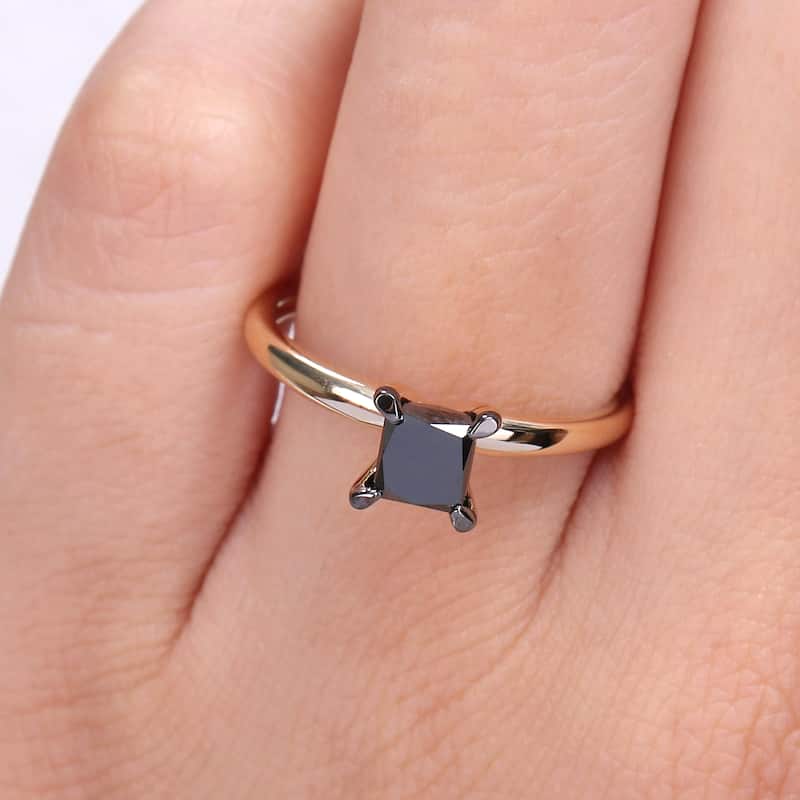Miadora 3/4ct TDW Princess-cut Black Diamond Solitaire Engagement Ring in 14k Yellow Gold