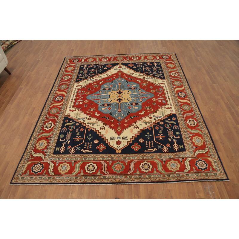 Hand Knotted Oriental 100% Wool Carpet Traditional Medallion Oranges & Rust Heriz (serapi) Area Rug - 9' 10'' X 8' 0''