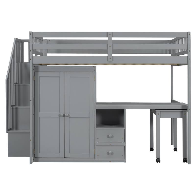 Full Size Loft Bed with Stairs, Bookshelf, Drawers, Desk & Wardrobe - Space-Saving Multifunctional Furniture for Kids & Teens