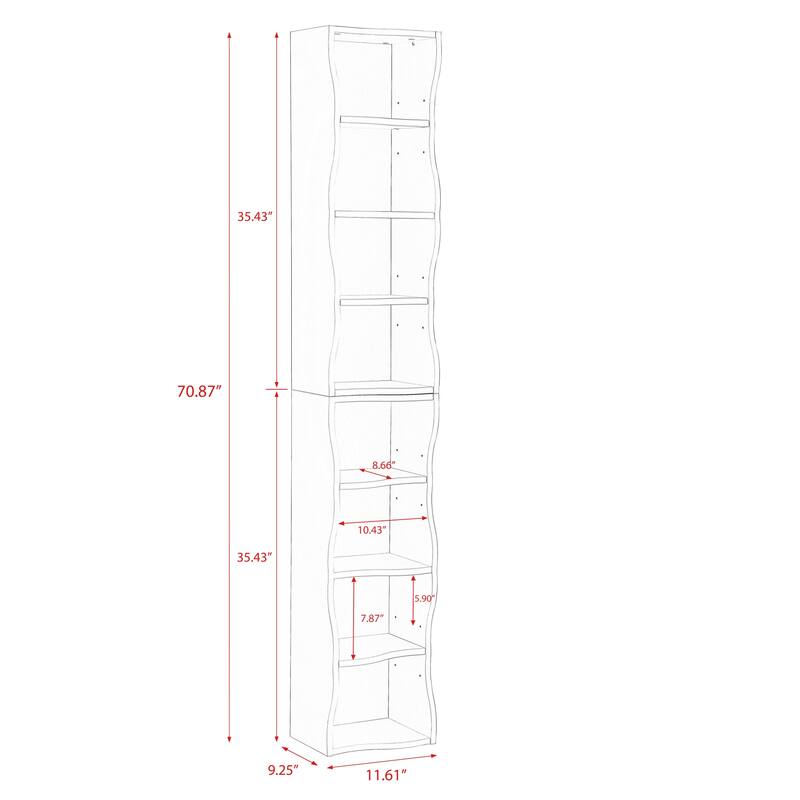 Roomfitters 8-Tier Tall Narrow Bookcase with Wavy Edge Design, Adjustable Shelves Slim Bookshelf for Living Room or Office