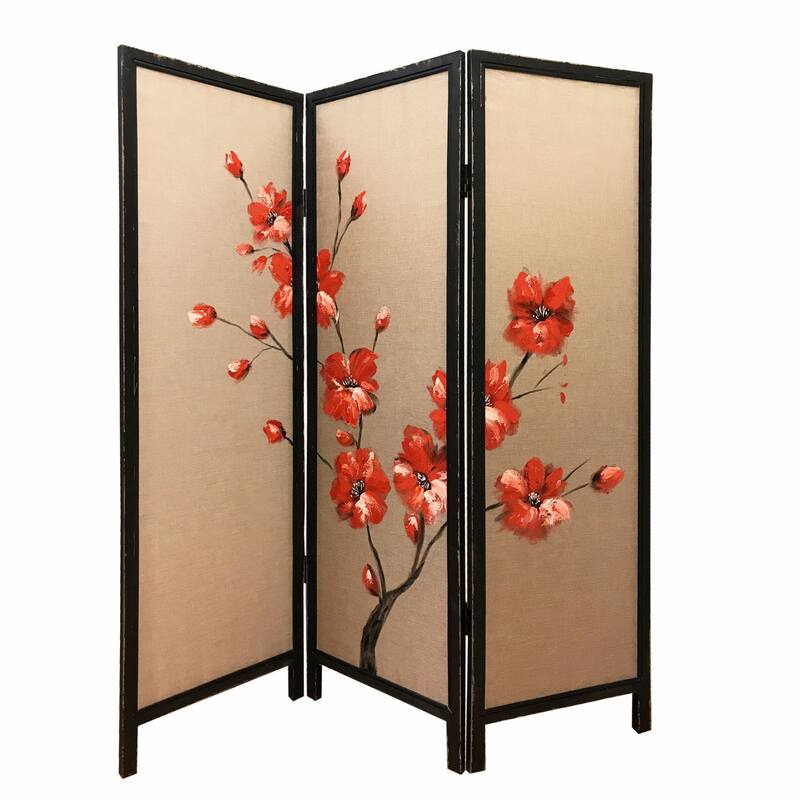 HomeRoots 63" Brown Fabric Folding Three Panel Screen Room Divider - 60' X '63' X '1