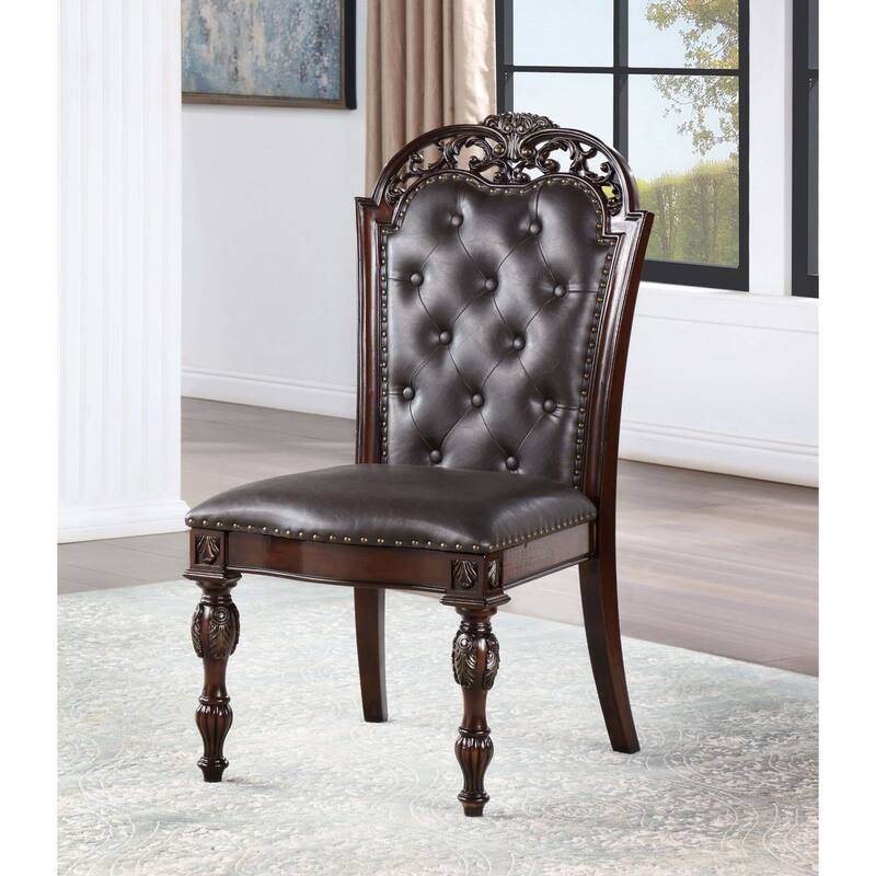 Traditional Set of 2pcs Side Chairs Brown Cherry Solid wood Espresso Leatherette Tufted Formal Dining Room