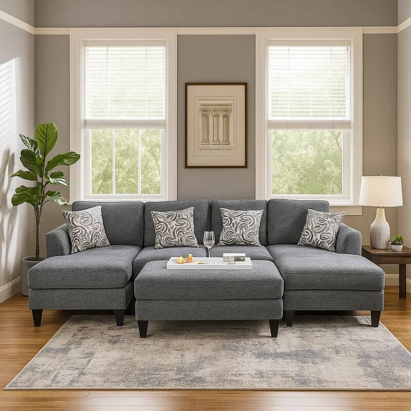 Wood and Fabric Sectional Set with Ottoman, Set of 5, Gray