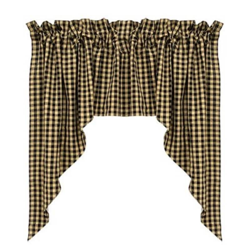 2-Piece Black and Beige Gingham Swag Curtains Rustic Farmhouse Style Fabric Window Decor - 36” L x 36” W x 0.25” H - Black-Beige